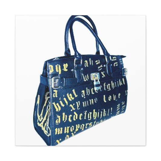 Blue handbag with yellow text on a white background canvas print