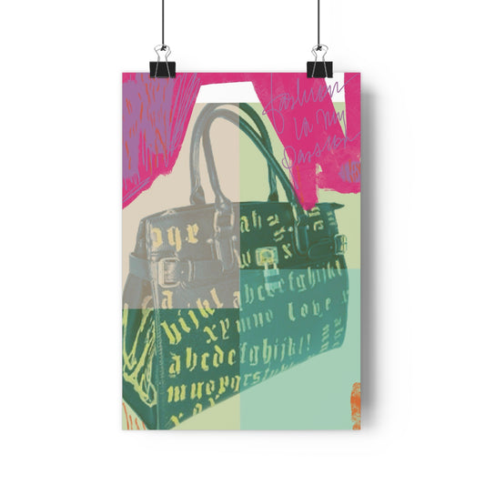 Poster of a handbag with colorful text design on a white background
