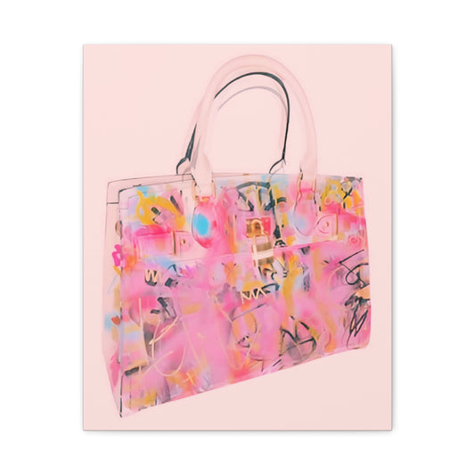 Colorful handbag with abstract design on a pink background
