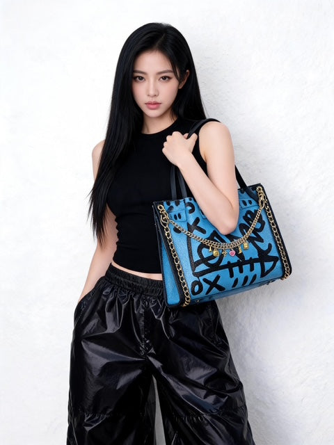 Blue Graffiti — One-of-a-Kind Genuine Black Italian Leather Hand-Painted Handbag