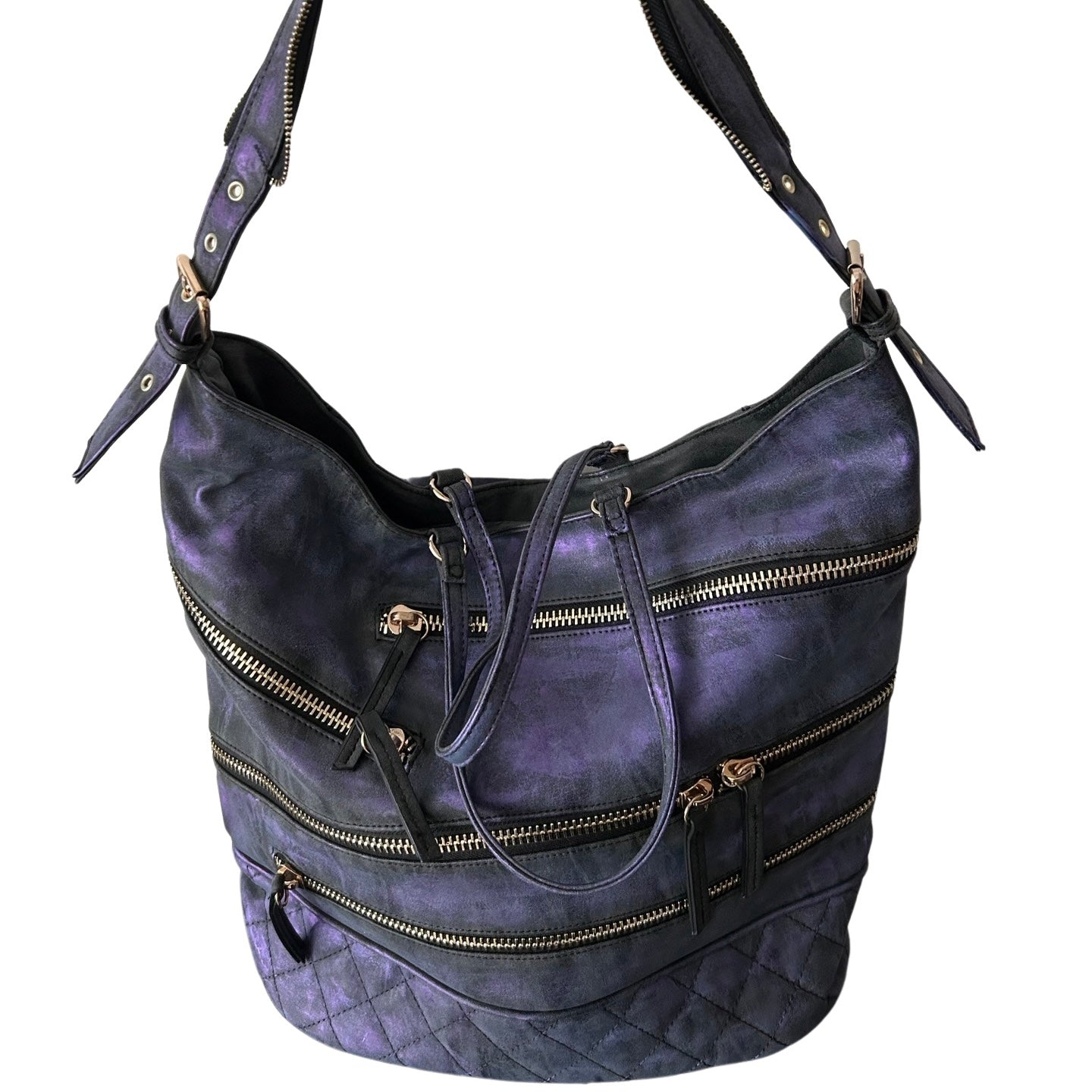 Purple handbag with multiple zippers on a white background