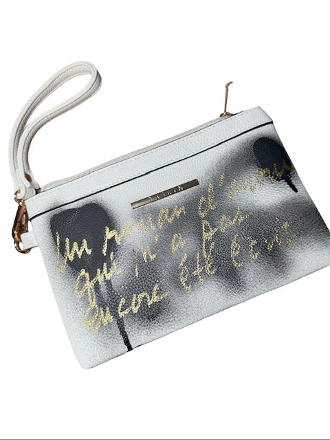 White clutch bag with gold text on a white background