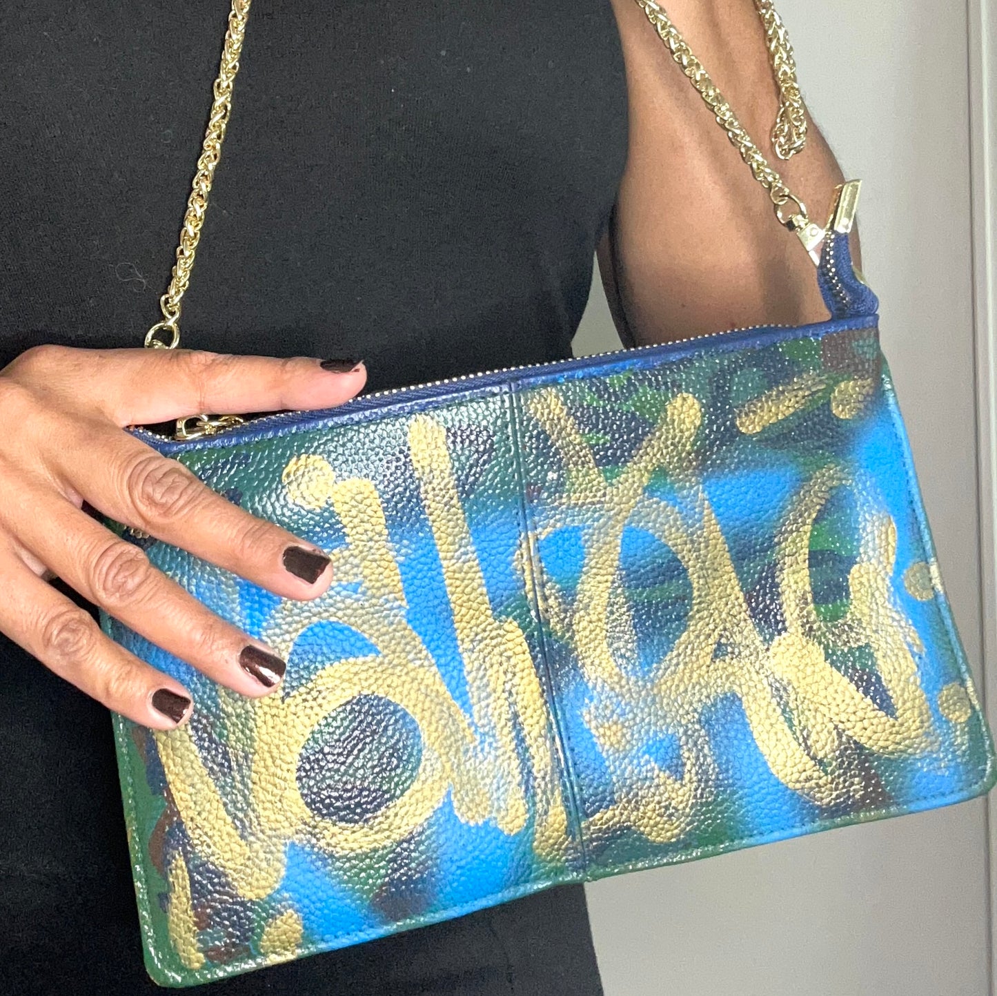 Leather hand-painted handbag in graffiti style original art by Myxt Art