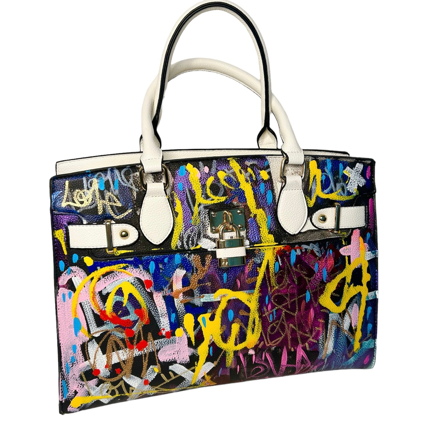 Colorful handbag with abstract design on a white background