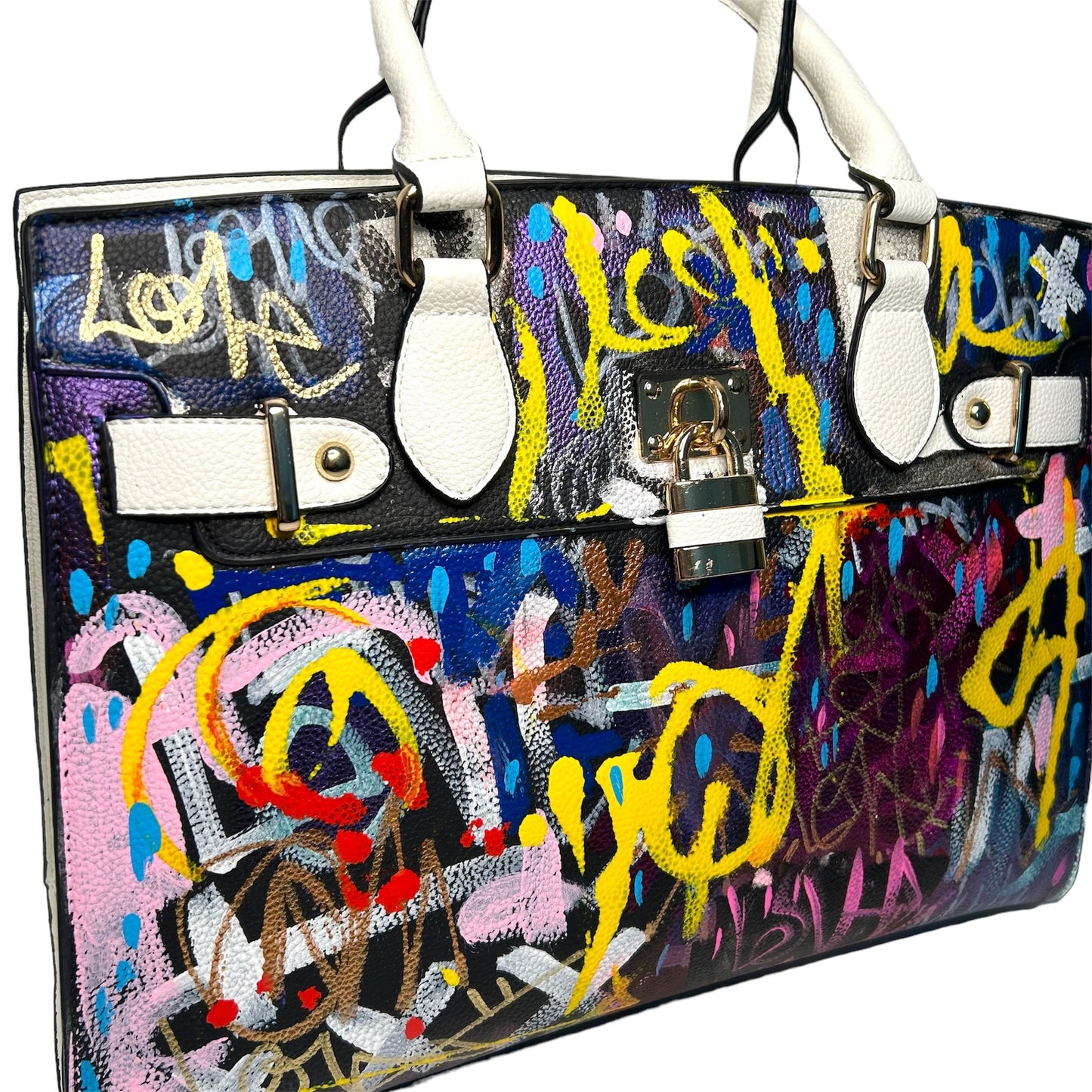 Colorful graffiti-style handbag with a lock on a white background