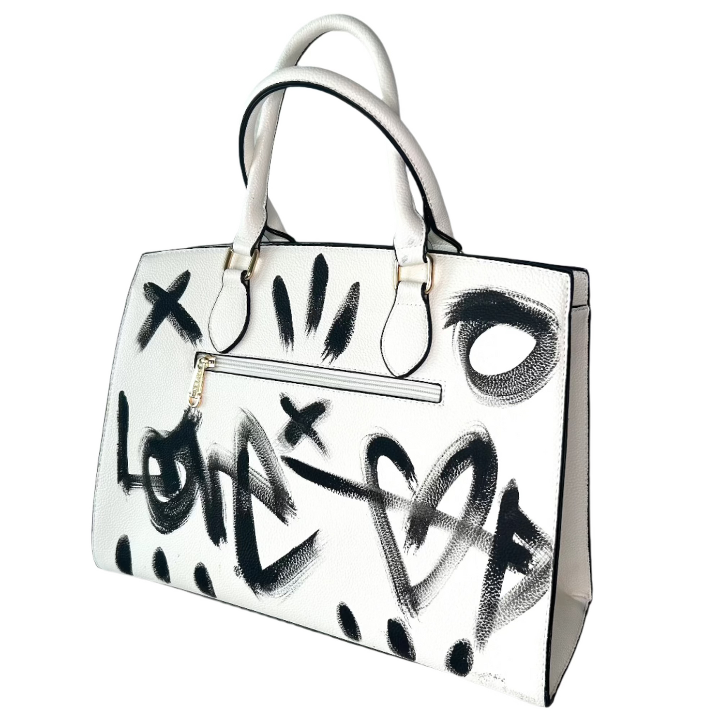 White handbag with black graffiti-style text on a gray background