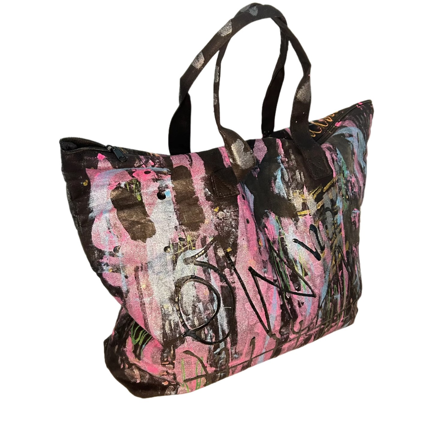 Colorful tote bag with abstract design on a white surface