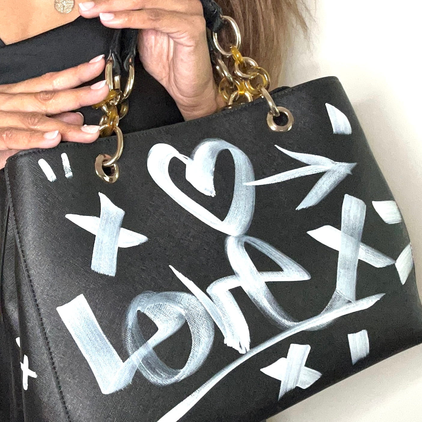 One-of-a-Kind Graffiti Black Vegan Leather Hand-painted Handbag