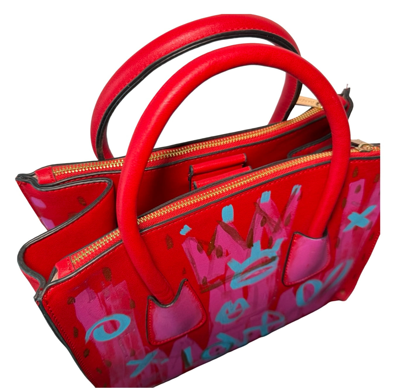 One-of-a-Kind Street Art Red Vegan Leather Hand-painted Handbag