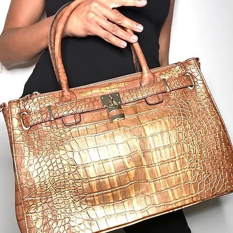 One-of-a-Kind Hand-Painted Handbag – Gold Drip Croc Bag | Wearable Art Bag