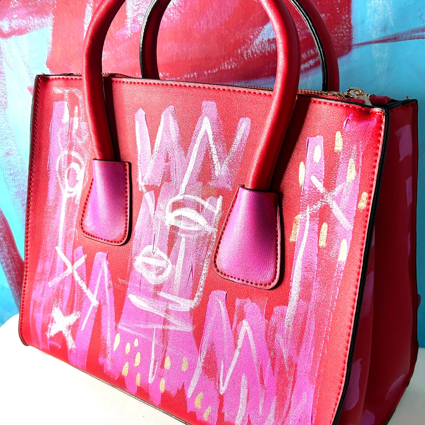 One-of-a-Kind Street Art Red Vegan Leather Hand-painted Handbag