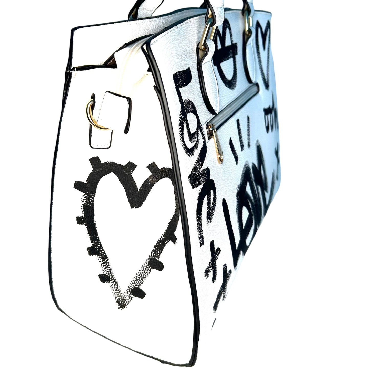 One-of-a-Kind Hand-Painted Handbag – White Graffiti Bag | Wearable Art Bag