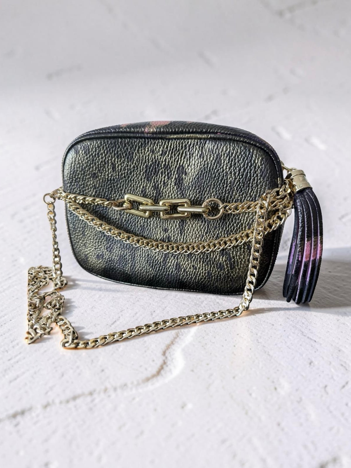 Leather Crossbody - Abstract Print in Gold