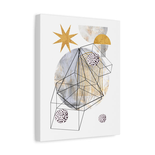 Abstract geometric art print with gold and black elements on a white background