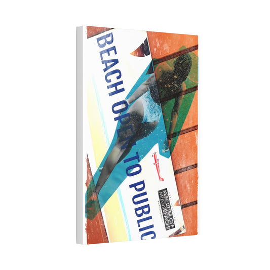 Colorful sign with 'Beach Open to Public' text and beach-themed design on a white background