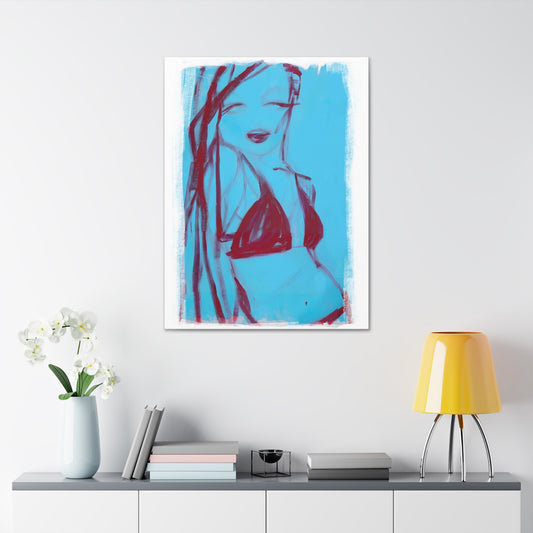 Framed abstract art of a woman in a red bikini against a blue background, displayed on a wall above a shelf with decor items.