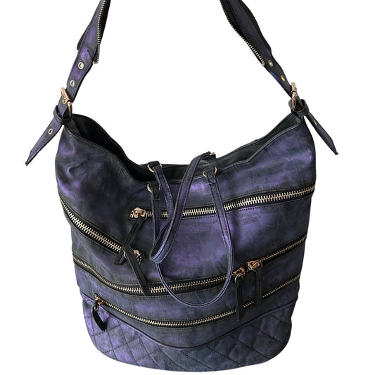 Purple handbag with multiple zippers on a white background