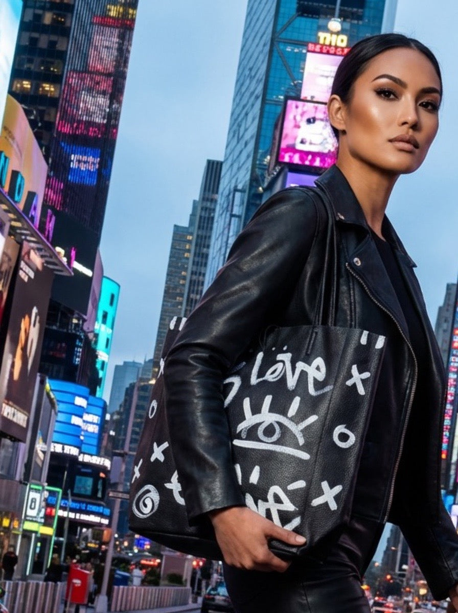 Person holding a black tote bag with white graffiti designs in Times Square, New York City.