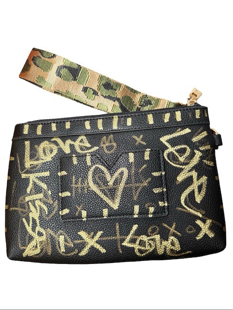 Black pouch with gold 'love' and heart designs on a white background