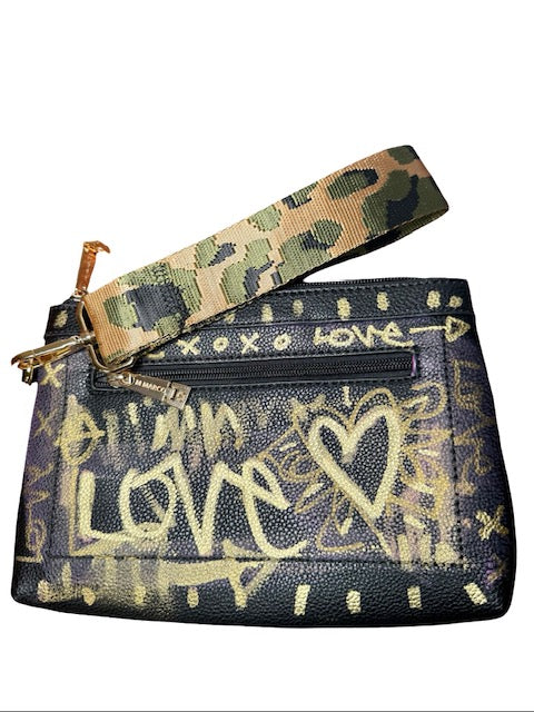 Black clutch bag with 'LOVE' and heart designs, camouflage strap, and gold clasp on a white background.