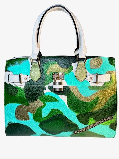 Camouflage-patterned handbag with a visible brand name on a white background