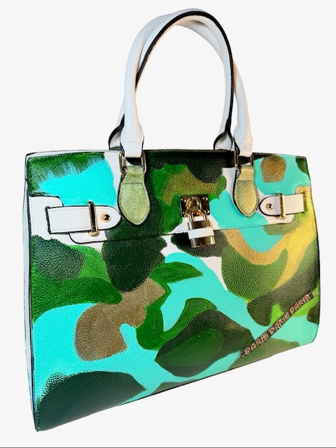 Camouflage-patterned handbag with a gold clasp on a white background