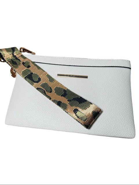 White clutch with a camouflage strap on a white background
