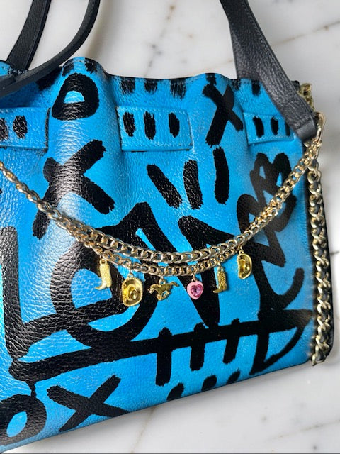 Blue Graffiti — One-of-a-Kind Genuine Black Italian Leather Hand-Painted Handbag