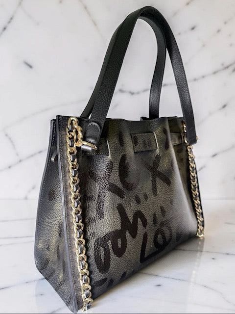 Blue Graffiti — One-of-a-Kind Genuine Black Italian Leather Hand-Painted Handbag