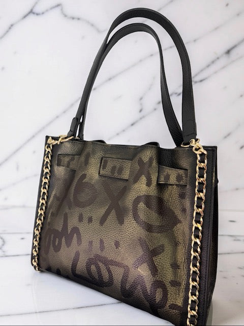 Blue Graffiti — One-of-a-Kind Genuine Black Italian Leather Hand-Painted Handbag