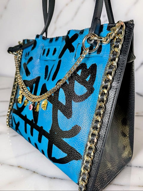 Blue Graffiti — One-of-a-Kind Genuine Black Italian Leather Hand-Painted Handbag