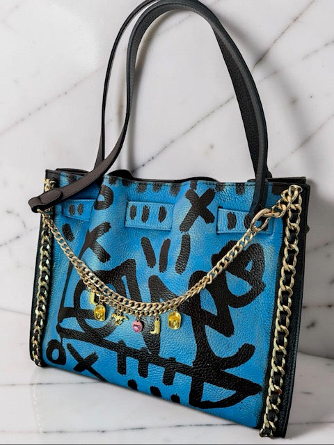 Blue Graffiti — One-of-a-Kind Genuine Black Italian Leather Hand-Painted Handbag