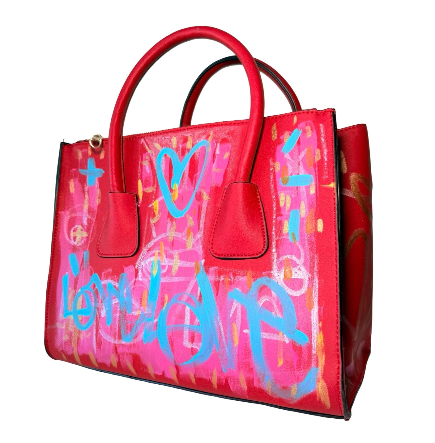 One-of-a-Kind Street Art Red Vegan Leather Hand-painted Handbag
