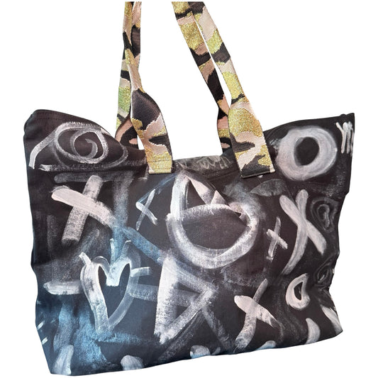 One-of-a-kind Graffiti Black & White Graffiti Cotton Hand-Painted Tote