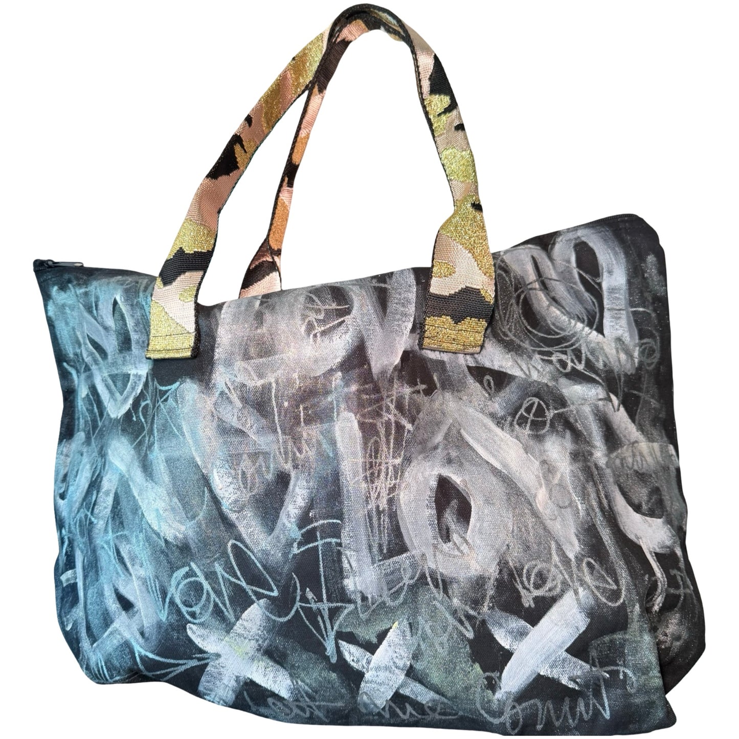One-of-a-kind Graffiti Black & White Graffiti Cotton Hand-Painted Tote