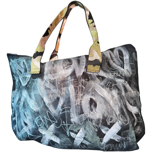 One-of-a-kind Graffiti Black & White Graffiti Cotton Hand-Painted Tote