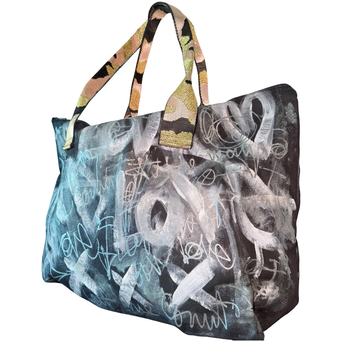 One-of-a-kind Graffiti Black & White Graffiti Cotton Hand-Painted Tote