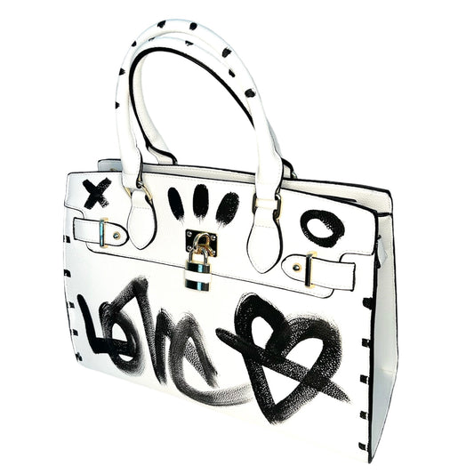 One-of-a-Kind Hand-Painted Handbag – White Graffiti Bag | Wearable Art Bag