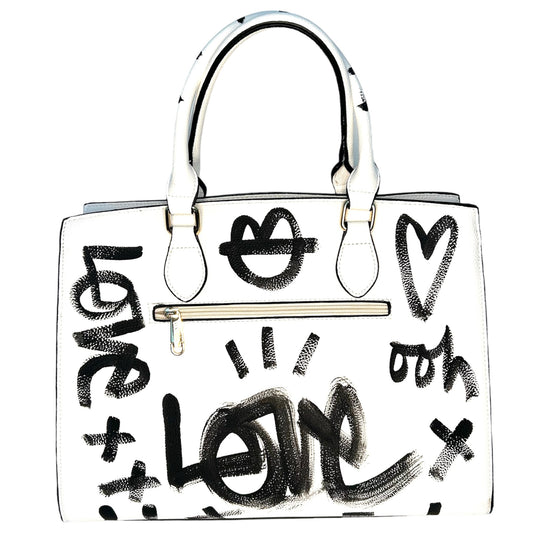 One-of-a-Kind Hand-Painted Handbag – White Graffiti Bag | Wearable Art Bag