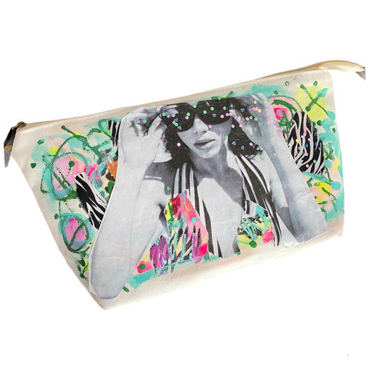 Pouch with a graphic design of a person wearing sunglasses and a zebra print, set against a colorful abstract background.